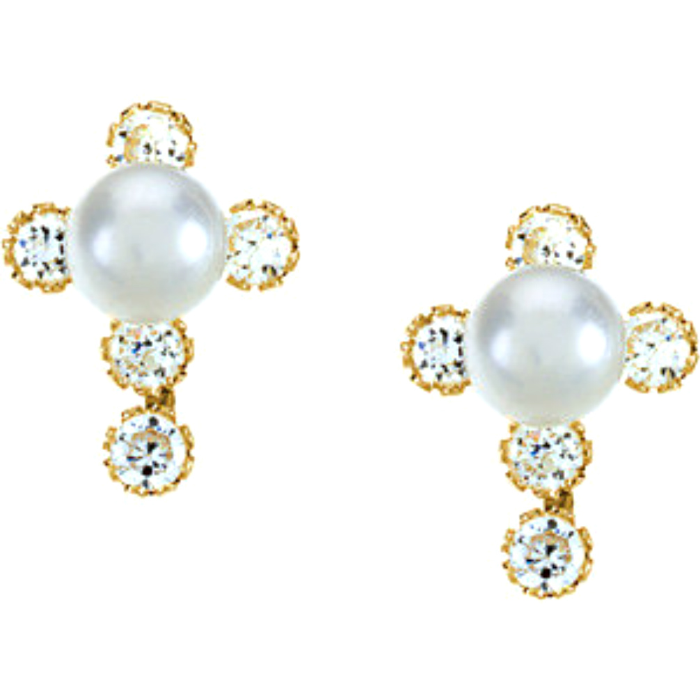 14k Yellow Gold Cz Pearl Cross Earrings. 