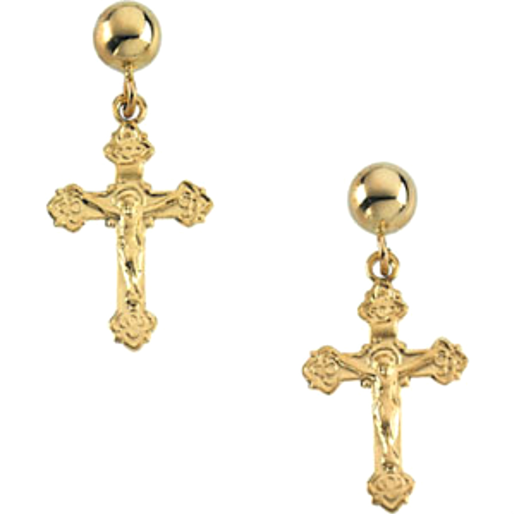 14k Yellow Gold Crucifix Ball Dangle Earrings. 