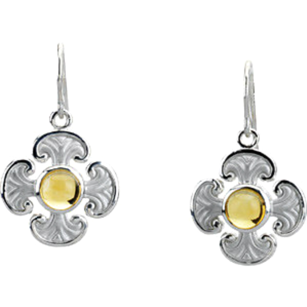 14k White Gold Genuine Citrine Maltese Cross Earrings. 