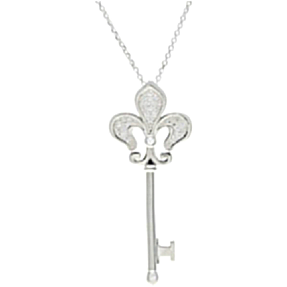 Diamond Fleur-de-lis-key Sterling Silver Pendant. 