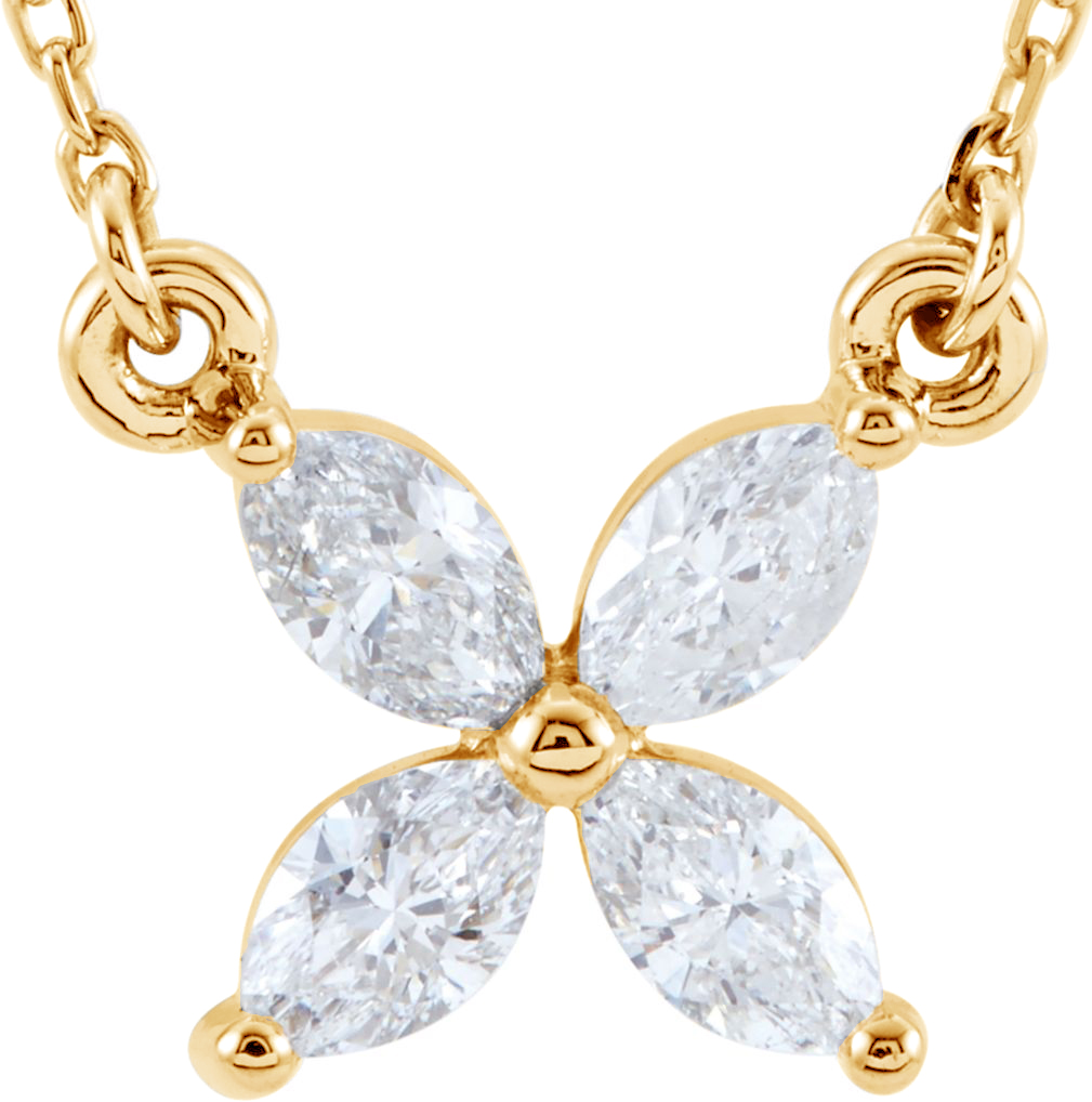 Diamond Marquise Flower Pendant 14k Yellow Gold Necklace, 16