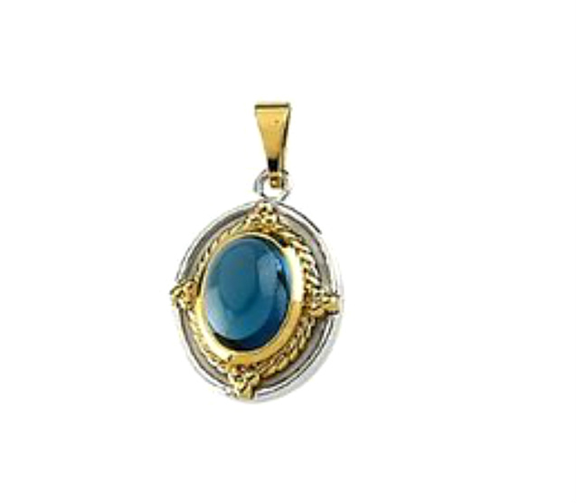 London Blue Topaz Cabochon 14k Yellow Gold Sterling Silver Pendant. 