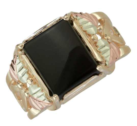 Square Onyx Signet Ring, 10k Yellow Gold, 12k Green Gold, 12k Rose Gold Black Hills Gold Motif