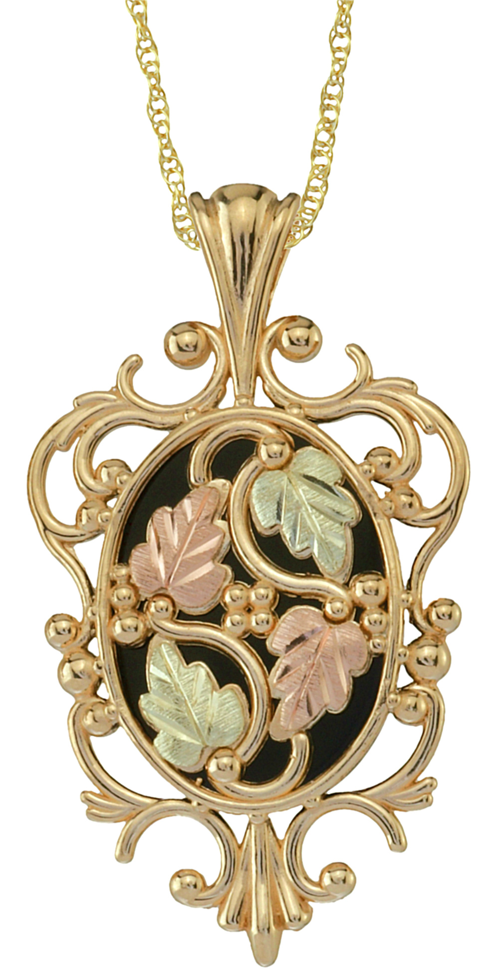 Agate Cameo Angel Oval Pendant Necklace, 10k Yellow Gold, 12k Green and Rose Gold Black Hills Gold Motif