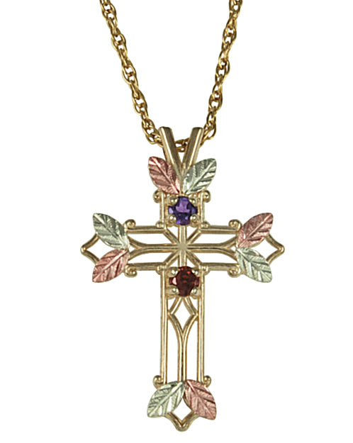 Amethyst and Garnet Pointed Cross Pendant Necklace, 10k Yellow Gold, 12k Green and Rose Gold Black Hills Gold Motif