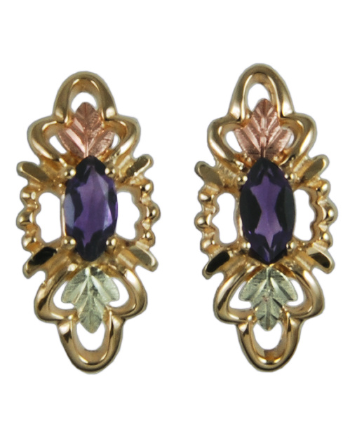Amethyst Marquise with Scrollwork Earrings, 10k Yellow Gold, 12k Rose and Green Gold Black Hills Gold Motif