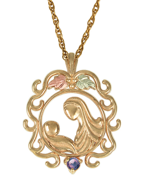 Amethyst Mother Child Circle Pendant Necklace, 10k Yellow Gold, 12k Green and Rose Gold Black Hills Gold Motif