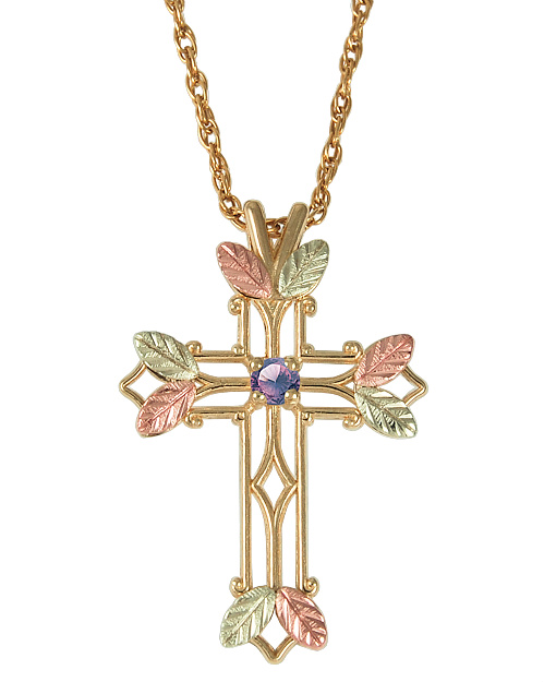 Amethyst Pointed Cross Pendant Necklace, 10k Yellow Gold, 12k Green and Rose Gold Black Hills Gold Motif