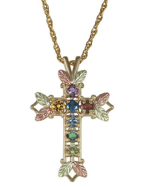 Amethyst, Sapphire, Aquamarine, Citrine, Garnet, Emerald and Peridot Pointed Cross Pendant Necklace, 10k Yellow Gold, 12k Green and Rose Gold Black Hills Gold Motif