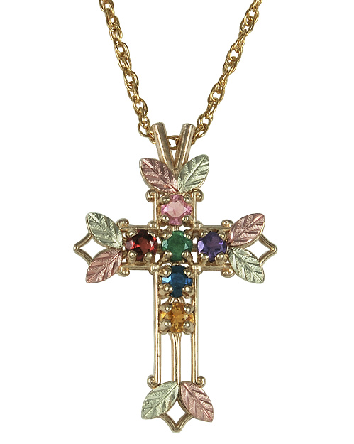 Amethyst, Sapphire, Citrine, Garnet, Emerald and Pink Tourmaline Pointed Cross Pendant Necklace, 10k Yellow Gold, 12k Green and Rose Gold Black Hills Gold Motif