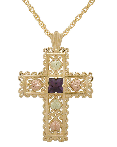 Amethyst Square Cross Pendant Necklace, 10k Yellow Gold, 12k Green and Rose Gold Black Hills Gold Motif