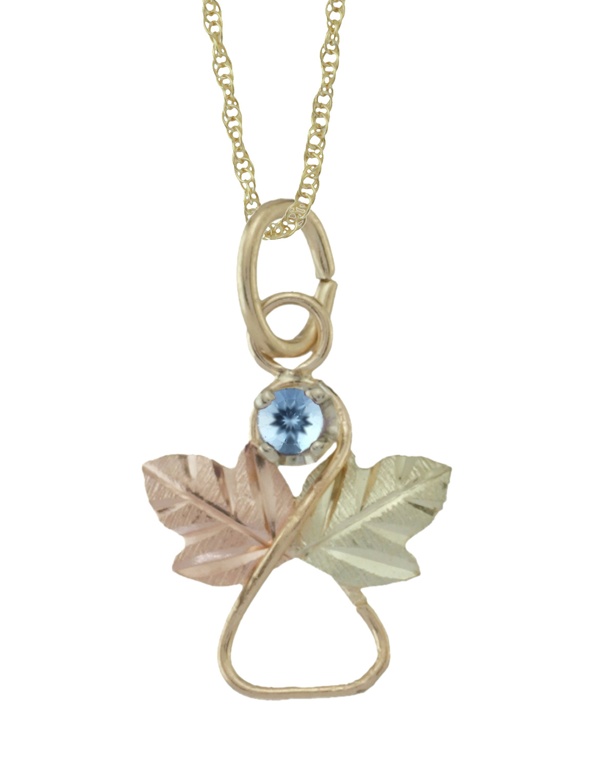 Aquamarine Angel Heart Pendant Necklace, 10k Yellow Gold, 12k Green and Rose Gold Black Hills Gold Motif