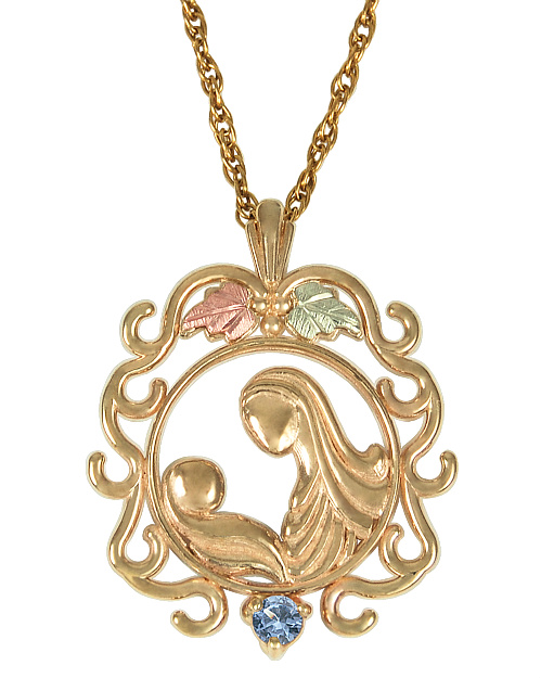 Aquamarine Mother Child Circle Pendant Necklace, 10k Yellow Gold, 12k Green and Rose Gold Black Hills Gold Motif