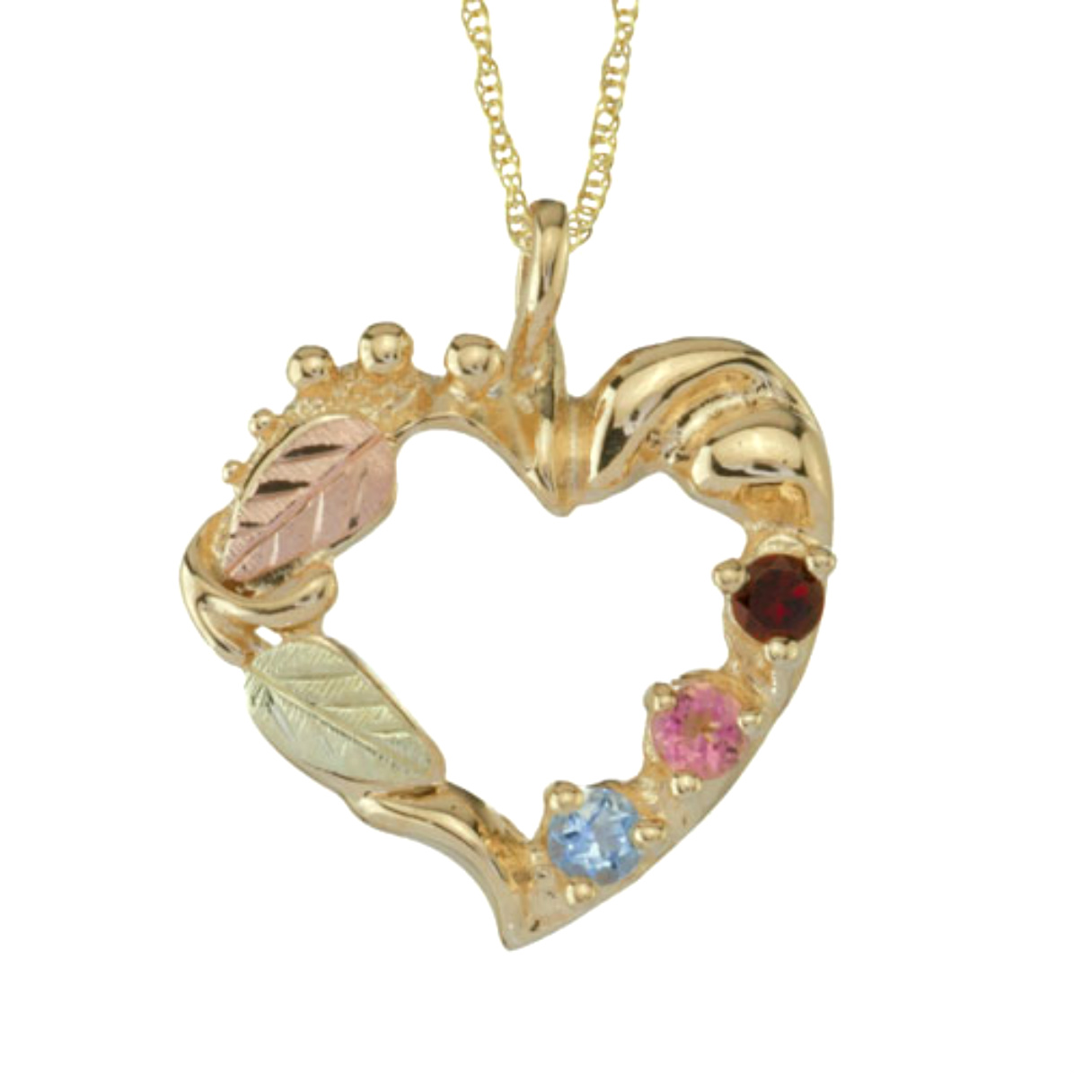 Aquamarine, Pink Tourmaline and Garnet Heart Pendant Necklace, 10k Yellow Gold, 12k Green and Rose Gold Black Hills Gold