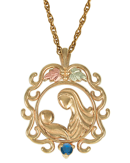 Blue Sapphire Mother Child Circle Pendant Necklace, 10k Yellow Gold, 12k Green and Rose Gold Black Hills Gold Motif