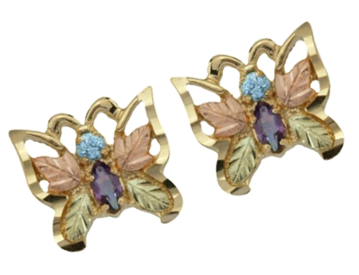 Blue Topaz and Amethyst Butterfly Earrings, 10k Yellow Gold, 12k Rose and Green Gold Black Hills Gold Motif. 