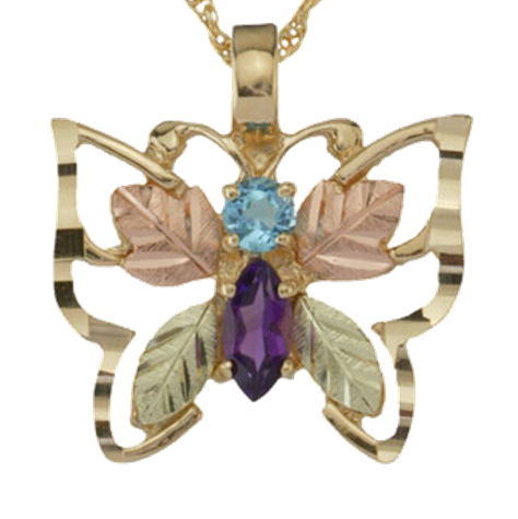 Blue Topaz and Amethyst Butterfly Pendant Necklace, 10k Yellow Gold, 12k Green and Rose Gold Black Hills Gold