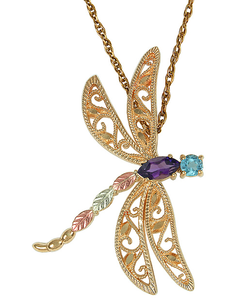 Blue Topaz and Amethyst Dragonfly Pendant Necklace, 10k Yellow Gold, 12k Green and Rose Gold Black Hills Gold Motif
