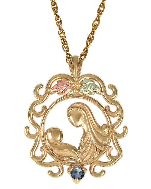 Blue Topaz Mother Child Circle Pendant Necklace, 10k Yellow Gold, 12k Green and Rose Gold Black Hills Gold Motif