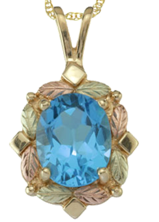 Blue Topaz Oval Pendant Necklace,10k Yellow Gold, 12k Green and Rose Gold Black Hills Gold Motif