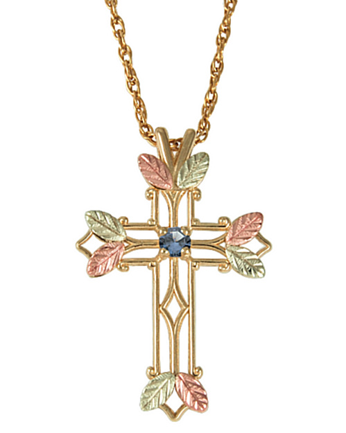 Blue Topaz Pointed Cross Pendant Necklace, 10k Yellow Gold, 12k Green and Rose Gold Black Hills Gold Motif