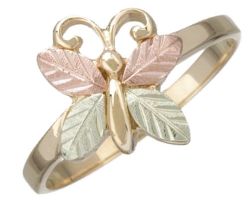 Butterfly Ring, 10k Yellow Gold, 12 Green and Rose Gold