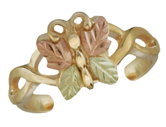 Black Hills Gold 10k yellow gold butterfly toe ring with 12k rose gold and 12 green gold wings.