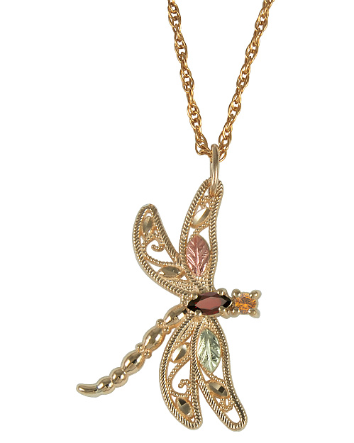 Citrine and Garnet Dragonfly Pendant Necklace, 10k Yellow Gold, 12k Green and Rose Gold Black Hills Gold Motif