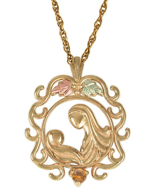 Citrine Mother Child Circle Pendant Necklace, 10k Yellow Gold, 12k Green and Rose Gold Black Hills Gold Motif