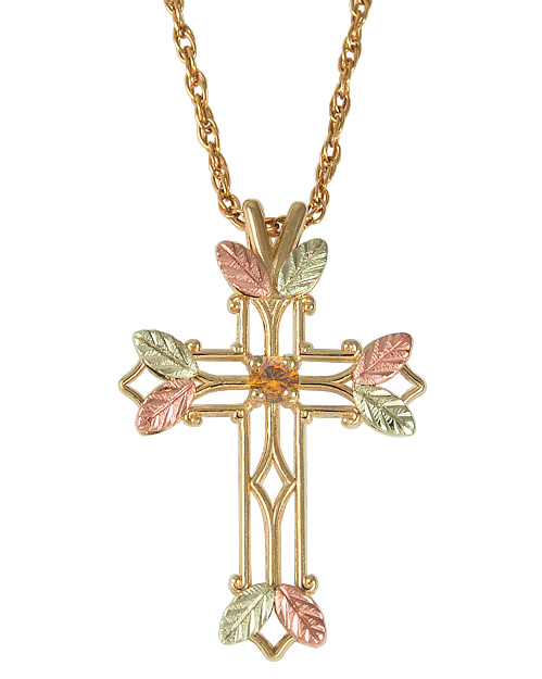 Citrine Pointed Cross Pendant Necklace, 10k Yellow Gold, 12k Green and Rose Gold Black Hills Gold Motif