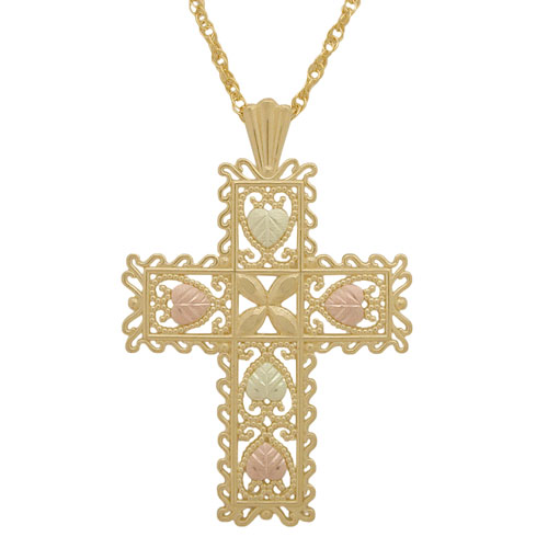 Cross Filigree Necklace, 10k Yellow Gold, 12k Green and Rose Gold Black Hills Gold Motif