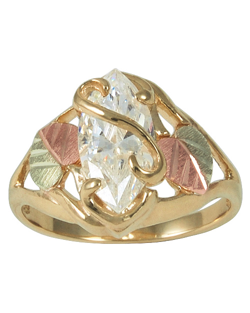 Cubic Zirconia Marquise Ring, 10k Yellow Gold, 12k Green and Rose Gold Black Hills Gold Motif