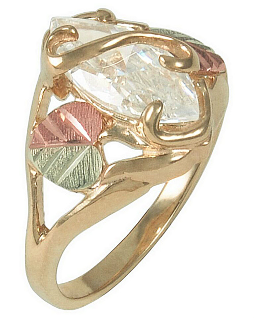 Cubic Zirconia Marquise Ring, 10k Yellow Gold, 12k Green and Rose Gold Black Hills Gold Motif