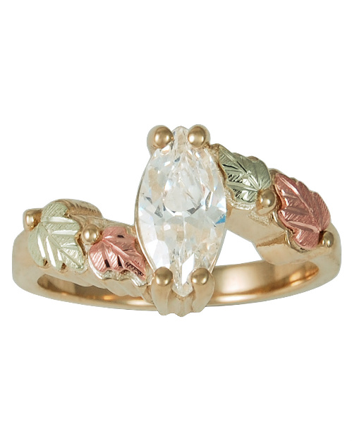 Cubic Zirconia Marquise Ring, 10k Yellow Gold, 12k Green and Rose Gold Black Hills Gold Motif