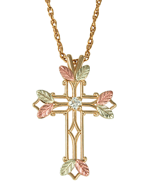 Cubic Zirconia Cross Pendant Necklace, 10k Yellow Gold, 12k Green and Rose Gold Black Hills Gold Motif