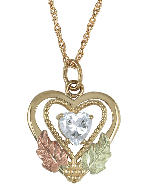 CZ Heart Pendant Necklace, 10k Yellow Gold, 12k Green and Rose Gold Black Hills Gold Motif