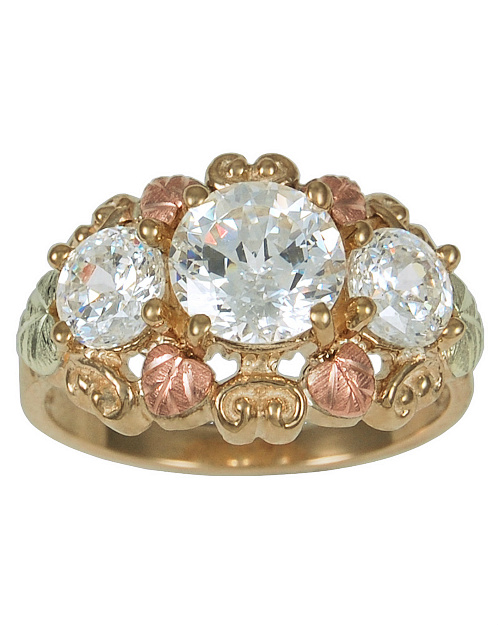 CZ Scrollwork Ring, 10k Yellow Gold, 12k Green and Rose Gold Black Hills Gold Motif