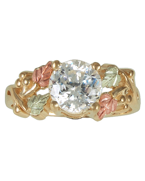 CZ Tri-Tone Ring, 10k Yellow Gold, 12k Green and Rose Gold Black Hills Gold Motif