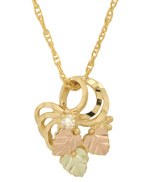 Diamond and Grape Leaves Pendant Necklace, 10k Yellow Gold, 12k Green and Rose Gold Black Hills Gold Motif
