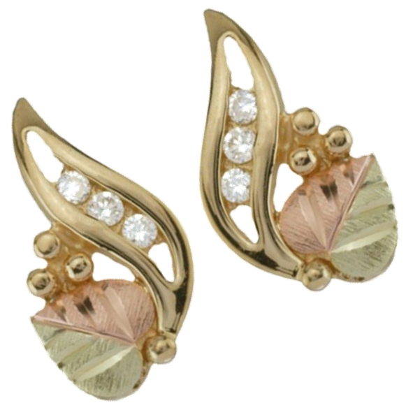 Diamond and Heart Leaf Earrings, 10k Yellow Gold, 12k Rose and Green Gold Black Hills Gold Motif
