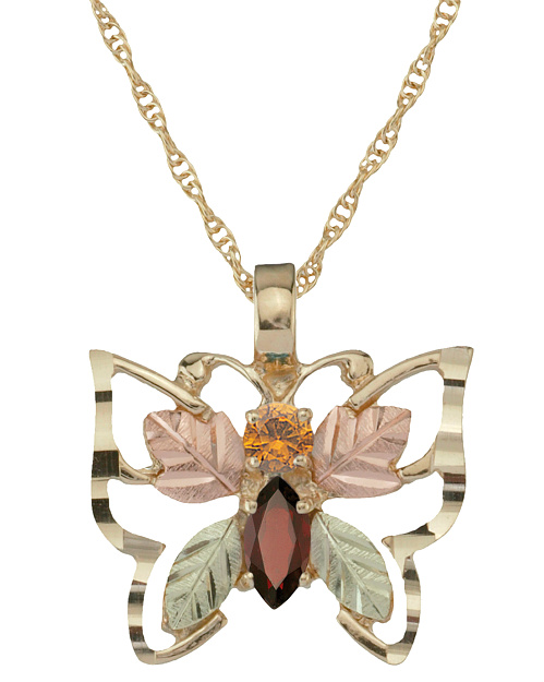 Citrine and Garnet Butterfly Pendant Necklace, 10k Yellow Gold, 12k Green and Rose Gold Black Hills Gold Motif