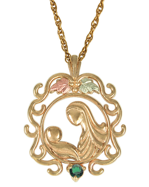 Emerald Mother Child Circle Pendant Necklace, 10k Yellow Gold, 12k Green and Rose Gold Black Hills Gold Motif