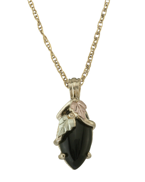 Onyx Marquise Pendant Necklace, 10k Yellow Gold, 12k Green and Rose Gold Black Hills Gold Motif