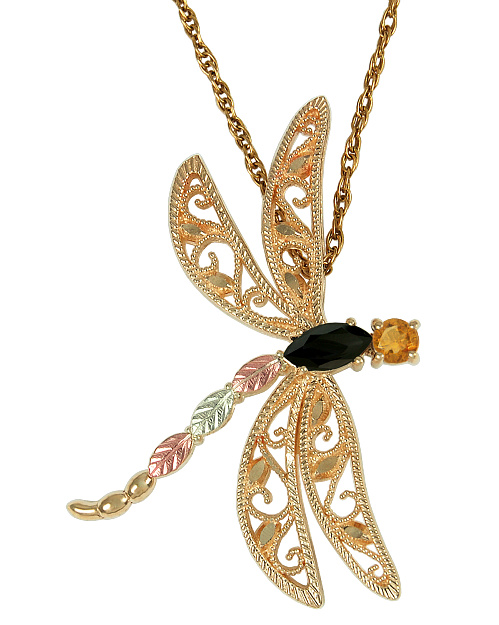 Faceted Onyx and Citrine Dragonfly Pendant Necklace, 10k Yellow Gold, 12k Green and Rose Gold Black Hills Gold Motif