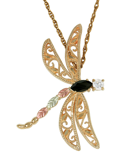 Faceted Onyx and CZ Dragonfly Pendant Necklace, 10k Yellow Gold, 12k Green and Rose Gold Black Hills Gold Motif
