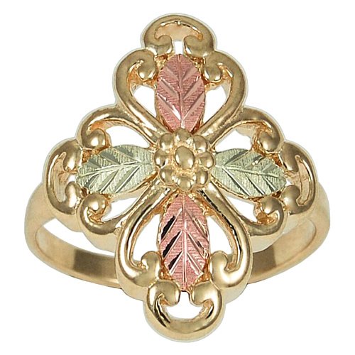 Fleury Cross Ring, 10k Yellow Gold, 12k Green Gold, 12k Rose Gold Black Hills Gold Motif