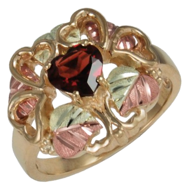 Garnet Heart Ring, 10k Yellow Gold, 12k Green and Rose Gold Black Hills Gold Motif (1.10 Ct)