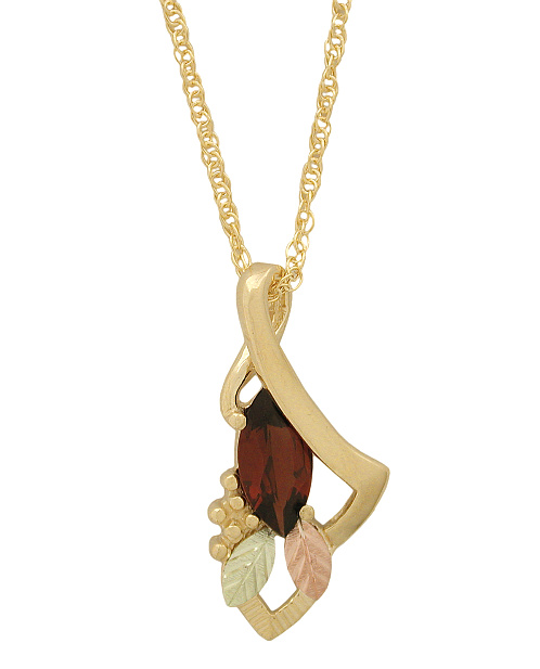 Garnet Marquise Pendant Necklace, 10k Yellow Gold, 12k Green and Rose Gold Black Hills Gold Motif