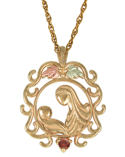 Garnet Mother Child Circle Pendant Necklace, 10k Yellow Gold, 12k Green and Rose Gold Black Hills Gold Motif