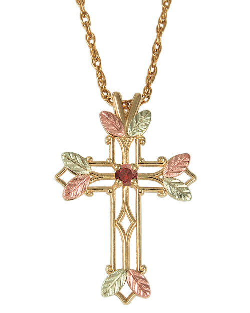 Garnet Pointed Cross Pendant Necklace, 10k Yellow Gold, 12k Green and Rose Gold Black Hills Gold Motif